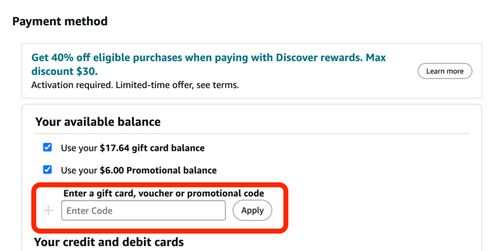 An image containing the text field for entering Amazon promo code